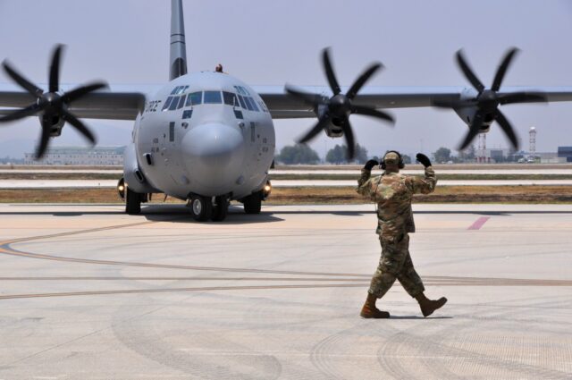 A USAF-operated C-130J Super Hercules taxis on the pan at Military Air Base No 1 Santa Lucía in Zumpango, Mexico, during FAMEX 2025. Image: USAF/Michael Dougherty