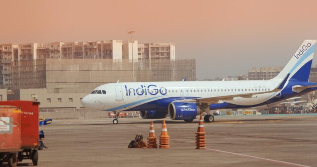 Mumbai, Maharashtra, India. An IndiGo Airlines plane in motion in the airport area. Aircraft moving in BOM Chhatrapati Shivaji Maharaj International Airport area. Air India is the flag carrier airline of India. It is the second busiest airport in India in terms of total and international passenger traffic after Delhi. .