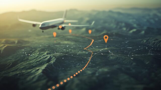 Plane path with location pins showing GPS interference in aviation