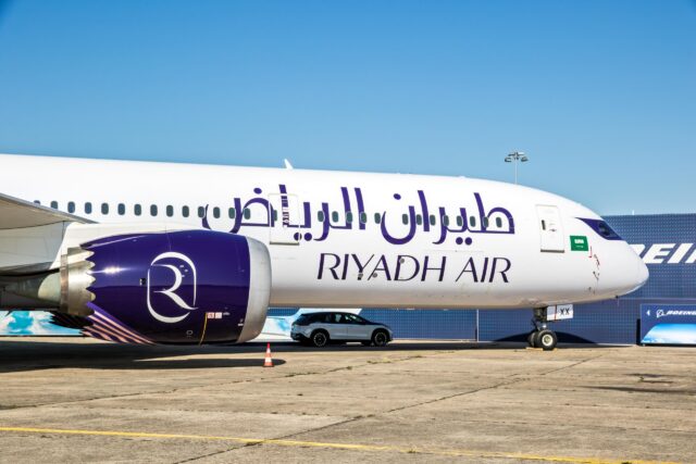 Boeing 787-9 Dreamliner aircraft from Riyadh Air on the tarmac of the airport during the the Paris Air Show. Le Bourget, France - June 16, 2025
