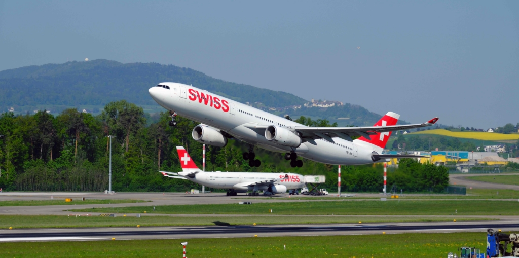SWISS Airlines Airbus A330 take off from Zurich ZRH airport, Zurich, Switzerland