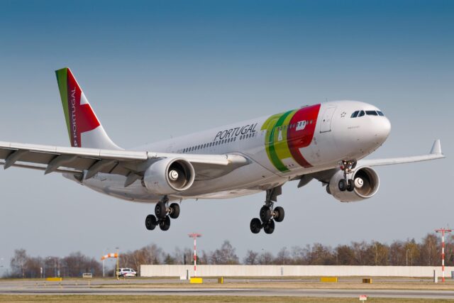 PRAGUE, CZECH REPUBLIC - MARCH 31: Airbus A330 of TAP Portugal land to PRG Airport in Prague on March 31, 2017.TAP Portugal is the flag carrier airline of Portugal
