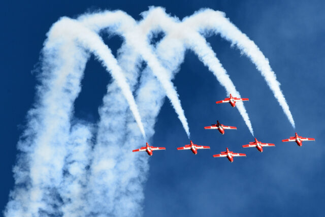 The Canadian Forces Snowbirds perform aerial acrobatics for a large crowd at Gowen Field during the Gowen Thunder Open House and Air Show in Boise, Idaho on October 14, 2017.