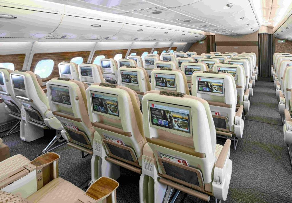 Emirates premium economy on the top deck of the Airbus A380
