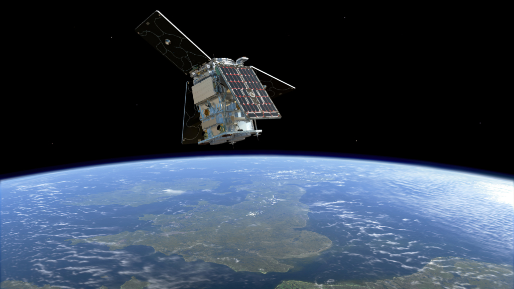 Satellite over the UK in space