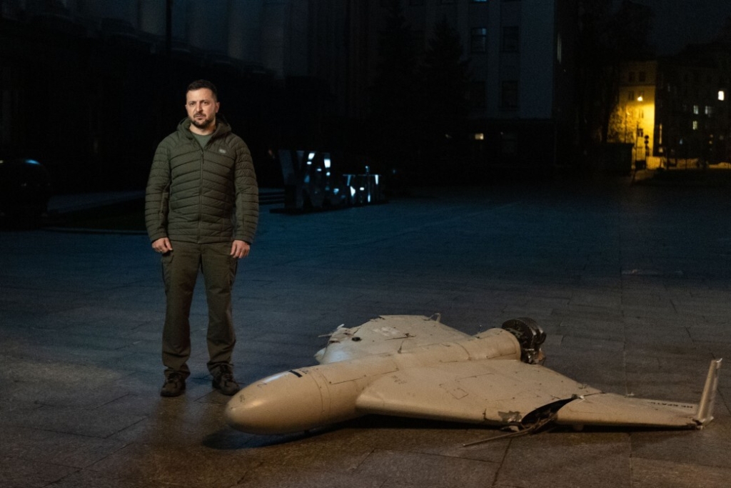 Ukraine president with downed Shahed drone